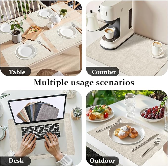 FROMHEART Faux Leather Placemats Set of 8?밯aterproof,Heat/Oil Stain-Resistant PU Table Mat?밨eversible,Non-Slip,Easy to Clean Place Mats for Kitchen,Dining,Indoor/Outdoor,(Beige,11.8" x 17")