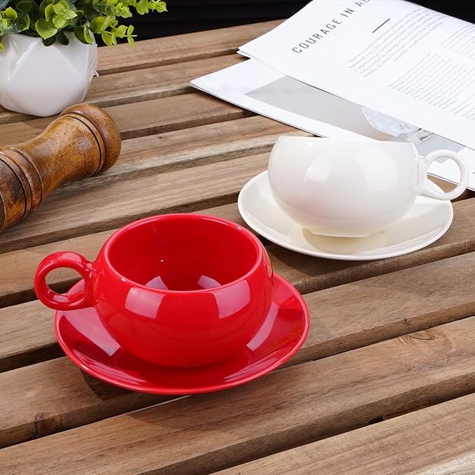 Ceramic cup and saucer Cups Set 竊?9 Ounce / 270ml 竊?Cappuccino Cups, Coffee Cups, British Coffee Cups, Porcelain Tea Set, Latte Cups竊똕et of 2 (2, creamy white)