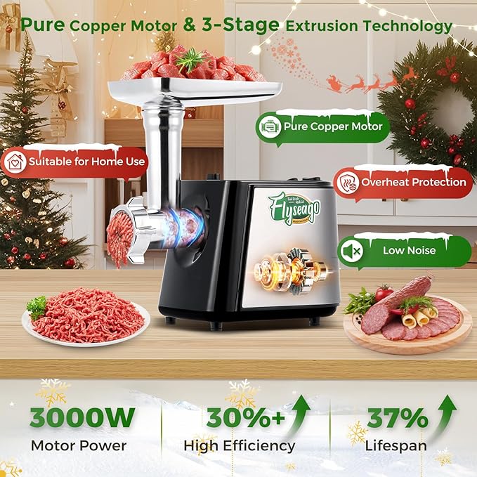 Electric Meat Grinder, Cheese Grater 3000W Multifunctional Meat Grinder with Juicer, Vegetable Cutter Veggie Slicer, Shredder, Meat Chopper, Sausage Stuffer, Kubbe Kit, Home Use