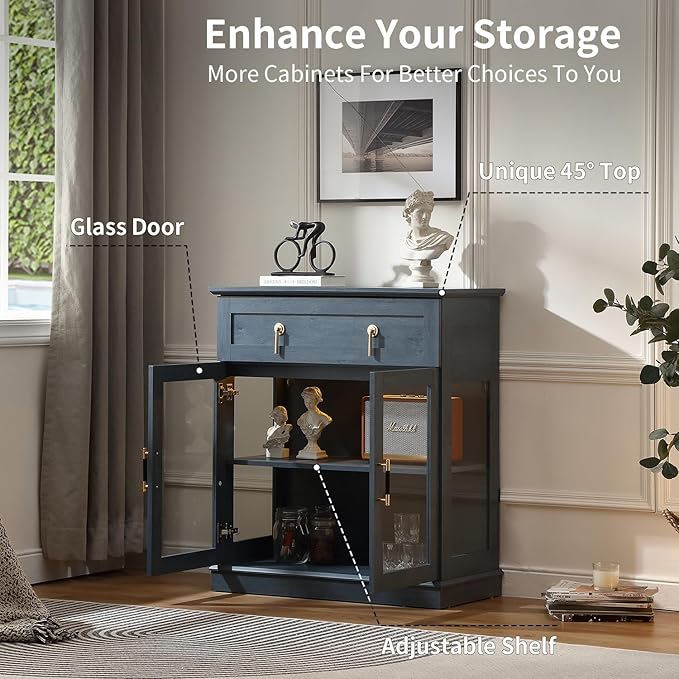 31.5'' Accent Small Buffet Cabinet with Storage, Buffet Sideboard with Two Glass Doors and a Drawer,Small Coffee bar Cabinet with Adjustable Shelf,for Kitchen and entryway,Blue