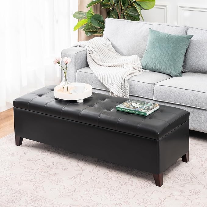 DECO DE VILLE Ottoman with Storage, 51 Inch End of Bed Storage Ottoman Bench, Faux Leather Upholstered Ottomans with Hinged Lid, Rectangle Long Foot Rest Bench for Entryway Living Room Bedroom Black