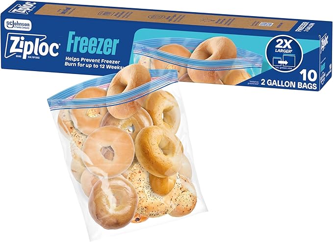 Ziploc 2 Gallon Food Storage Freezer Bags, Grip 'n Seal Technology for Easier Grip, Open, and Close, 10 Count (Packaging May Vary)