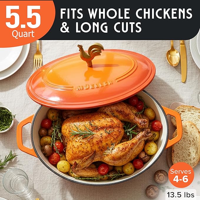 MUELLER HOME 5.5 Quart Enameled Cast Iron Oval Dutch Oven w Rooster Knob & Cotton Potholders, Heavy-Duty Cookware, Oven-Safe up to 500째 F & Across All Cooktops, Gifts for Grandma & Women, Orange