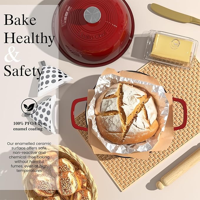 Enamelled Cast Iron Dutch Oven Pot ??Dutch Oven Pot with Lid For Sourdough Bread Baking ??Cast Iron Bread Oven ??Red, Umite Chef 6QT Pot with Lid & Cotton Potholders