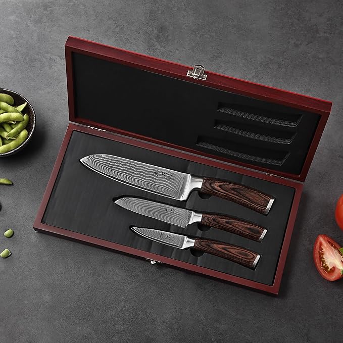 Wakoli EDIB 3-Piece Damascus Kitchen Knife Set in Wooden Gift Box ??Sharp Knives Set made of Genuine Damascus Steel (VG10 Core) ??Santoku, Small Santoku & Paring Knife ??Ergonomic Pakkawood Handles