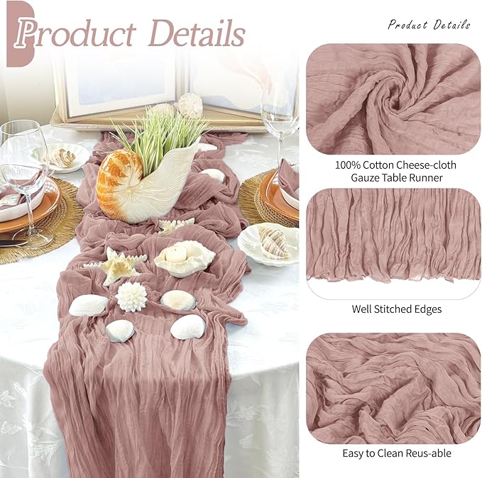 RealBox 6 Pack Dusty Pink Cheesecloth Table Runner 17x108 Inch Semi Sheer Boho Gauze Cheese Cloth Fabric Table Runners Table Decor for Wedding Party Baby Shower Birthday Home Decor Garden Farmhouse