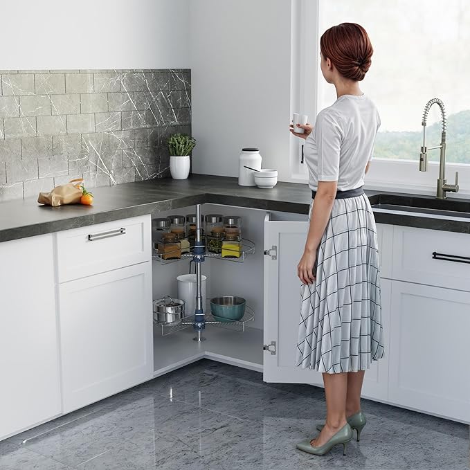 Dowell Base Cabinet Kidney Shape Dia.28 270째 Lazy Susan, 2 Shelves, Kitchen Base Corner Cabinet Organizer (Chrome 4001 270 28)