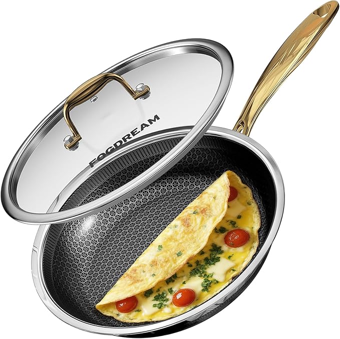 Fogdream 8??Non Stick Frying Pans, Stainless Steel Skillet with Lid, Tri-Ply Stainless Steel for All Cooktops, Dishwasher and Oven-Safe Cooking Pan, Stay-Cool Handle, Gold