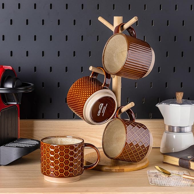 GBhome 12OZ Stackable Coffee Mugs with Stand, Ceramic Coffee Mugs with Texture Patterns for Man,Woman,Dad,Mom, Modern Coffee Cups Set of 4 for Latte/Cappuccino. Dishwasher&Microwave Safe, Caramel