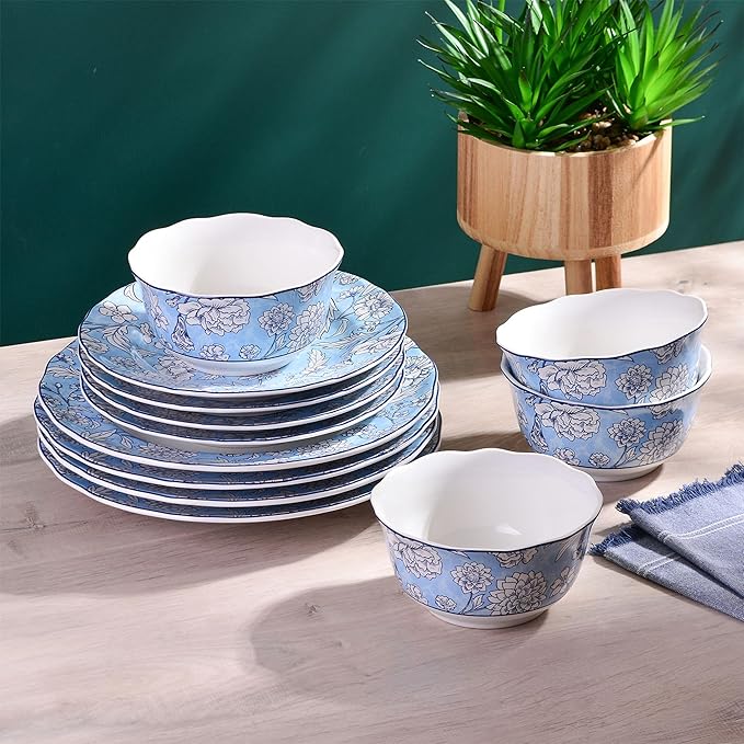 222 Fifth 12-Piece Porcelain Dinnerware Set for 4, White & Light Blue Plates and Bowls Set, Glossy Ceramic Dish Set with Ornate Floral Design, Kitchen Tableware, Microwave & Dishwasher Safe, Cleremont