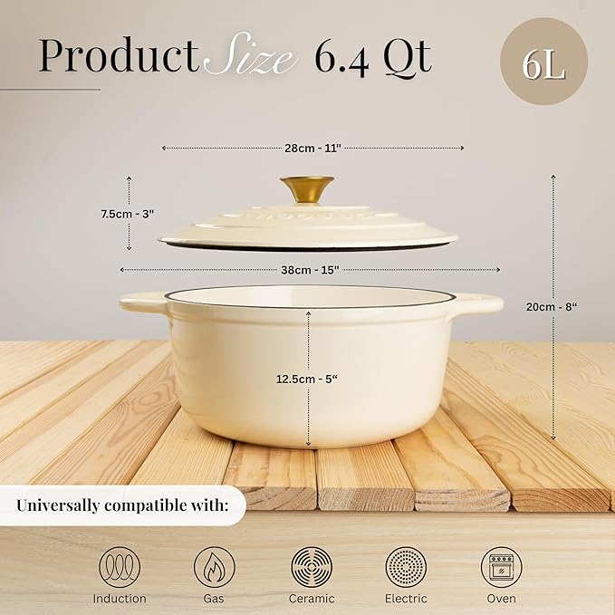 Nuovva Enamelled Cast Iron Dutch Oven Pot with Lid ??6.4 Quart Non Stick Casserole Pot ??Heavy Duty & Oven Safe up to 500째 F for Bread Baking, Braising, Stews, Roasting ??28cm Cream