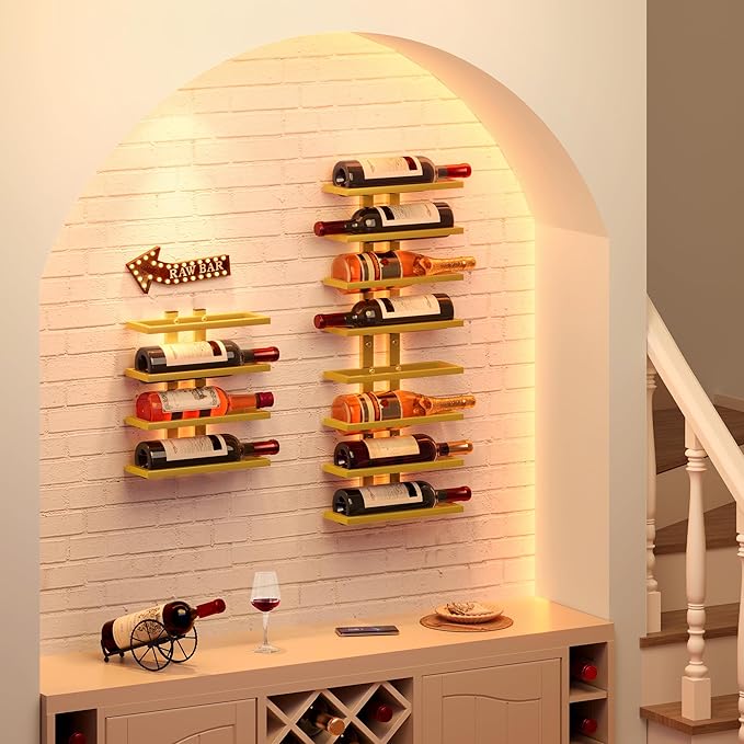 Hoctieon 8 Tier Wall Mount Wine Rack, Wall Racks for Wine Bottles Display and Storage, Hanging Bottle Organizer for Living Room, Dining Room, Wine Cellar, Bar, Gold
