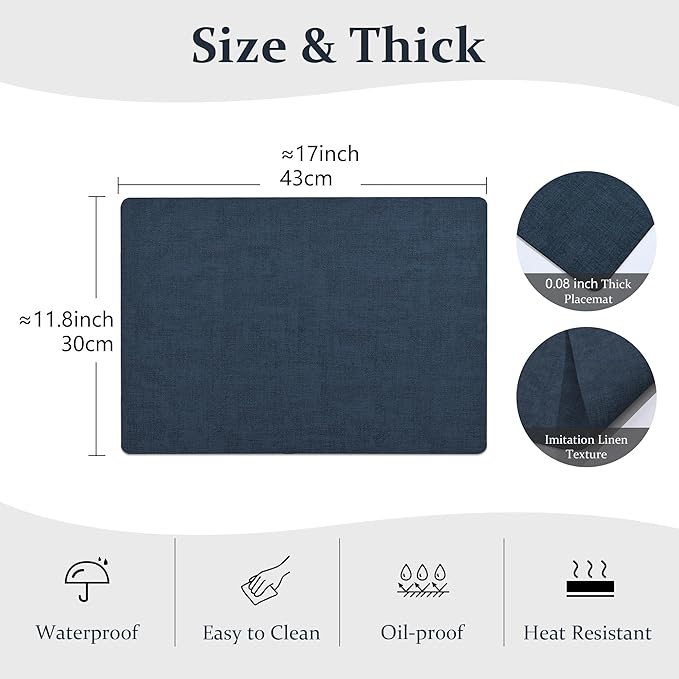 FROMHEART Faux Leather Placemats Set of 4?밯aterproof,Heat/Oil Stain-Resistant PU Table Mat?밨eversible,Non-Slip,Easy to Clean Place Mats for Kitchen,Dining,Indoor/Outdoor,(Dark Blue,11.8" x 17")