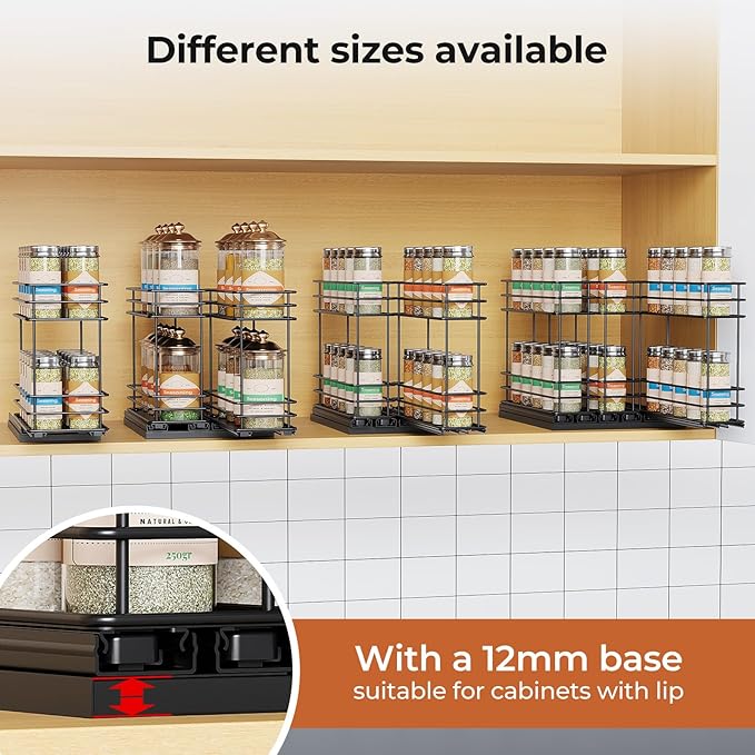 Pull Out Spice Rack Organizer for Cabinet, Slide Out Spice Racks, Easy to Install, 7.08" Wx10.43 Dx8.26 H, 2 Drawers 2 Tiers(Black)
