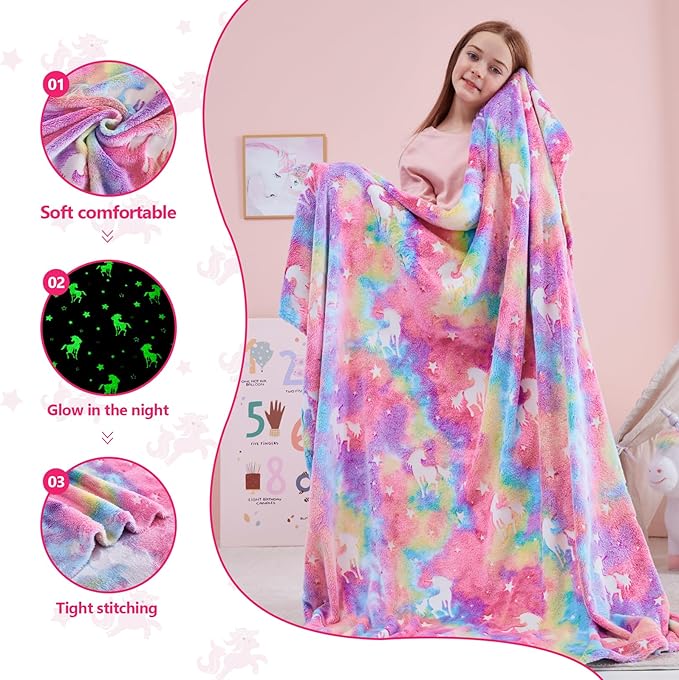 QSTEHEML Unicorn Glow in The Dark Blanket,Unicorn Gifts Toys for Kids Girl Age 3-12 Years Old,Birthday Gifts for Toddler, Teen,Christmas Birthday Bedroom Decor 50"횞60"