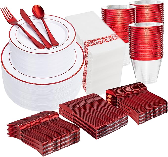 WELLIFE 700 Pcs Red Plastic Plates for 100 Guests - Plastic Dinnerware Set,Party Supplies Includes 200 Red Disposable Plates,300 Silverware,100 Napkins,100 Cups