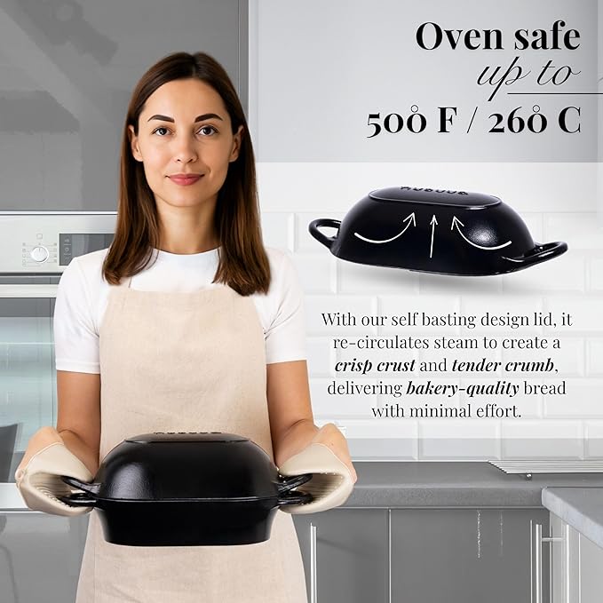 nuovva Dutch Oven For Sourdough Bread Baking ??Enamelled Cast Iron Bread Loaf Pot ??Oven Safe Non Stick Bread Pot ??Rectangular, Black, 24cm x 16cm