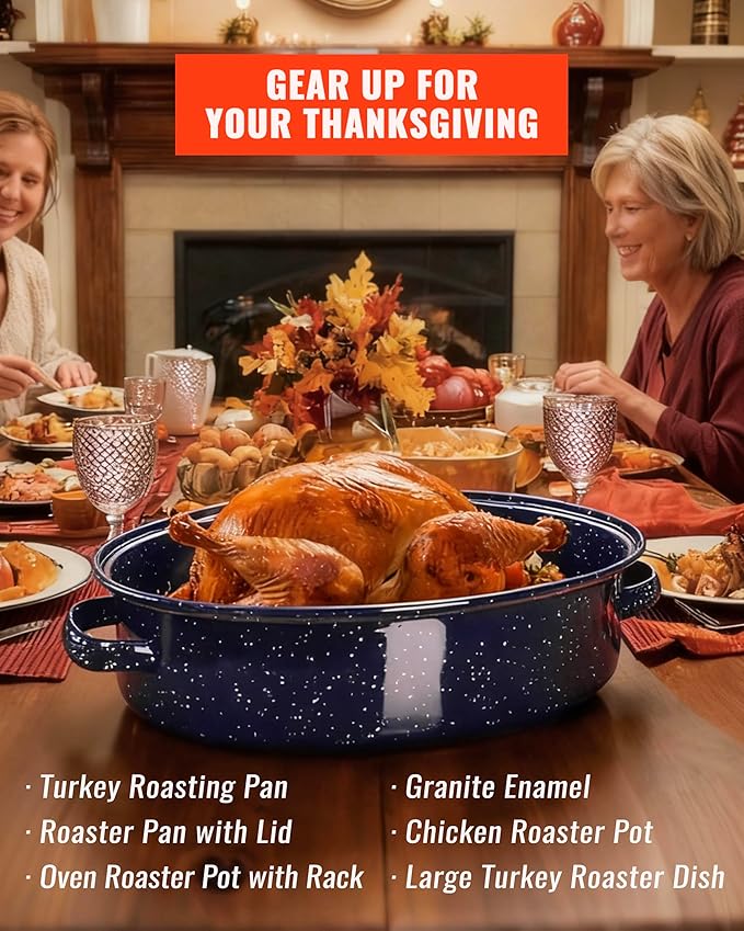 Roasting Pan with Lid and Rack 18" Deep Large Oval Enamel Roaster Pan, Oven Dishwasher Safe Non-Stick Non-Toxic Roast Pot for Turkey Ham Steak Roasts & Bread, Wife's Christmas Gift