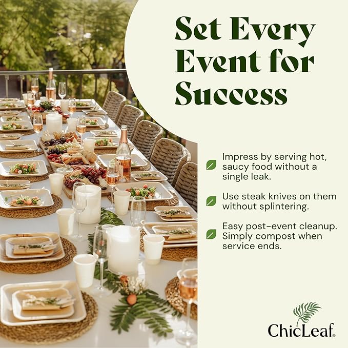 Chic Leaf Disposable Palm Leaf Plates - 50 Count, 8" Square, Christmas Meal - Bamboo Plates, Biodegradable & Compostable - Microwave Safe & Heavy Duty - Event & Party Supplies - Wedding Decor