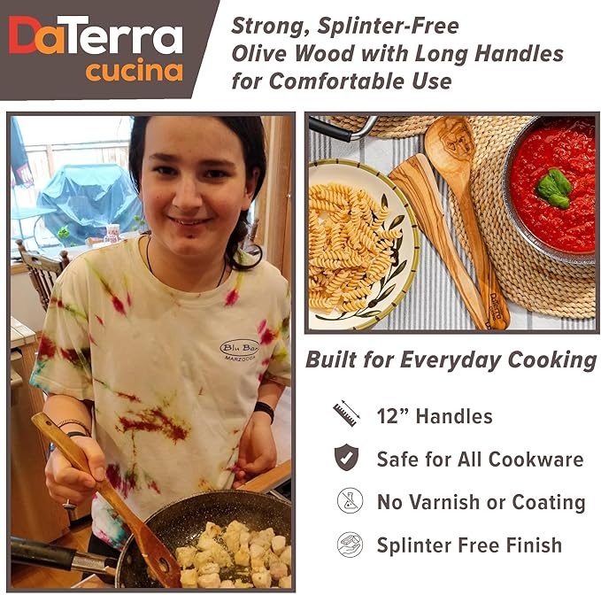 12-Inch Olive Wood Cooking Tools ??5-Piece Wooden Kitchen Utensils Set with Spoons, Spatulas & Cooking Tools ??Wood Kitchen Utensils Set for Cooking ??Crafted Wood Essentials by DaTerra Cucina