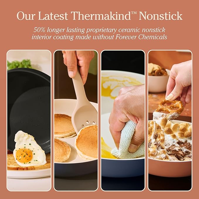 Our Place 17-Piece Essentials Complete Cookware Set - Ceramic Fry Pans, Saucepans, Saut챕 Pan, Stock Pot, Strainer Basket & Modular Storage | Thermakind??Nonstick, Oven Safe up to 450째F | Cream