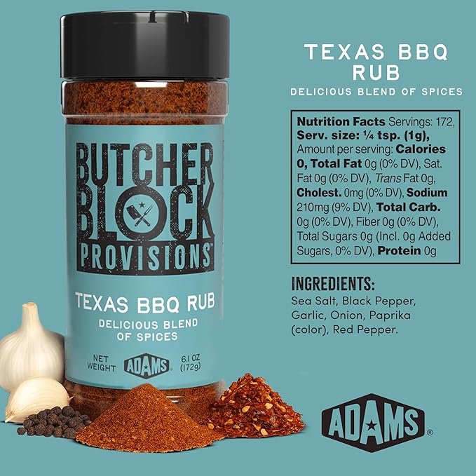 Butcher Block Provisions - Texas BBQ Rub - Delicious Blend of Spices - Sea Salt, Black Pepper, Garlic, Onion, Paprika & Red Pepper Seasoning - 6.1 oz