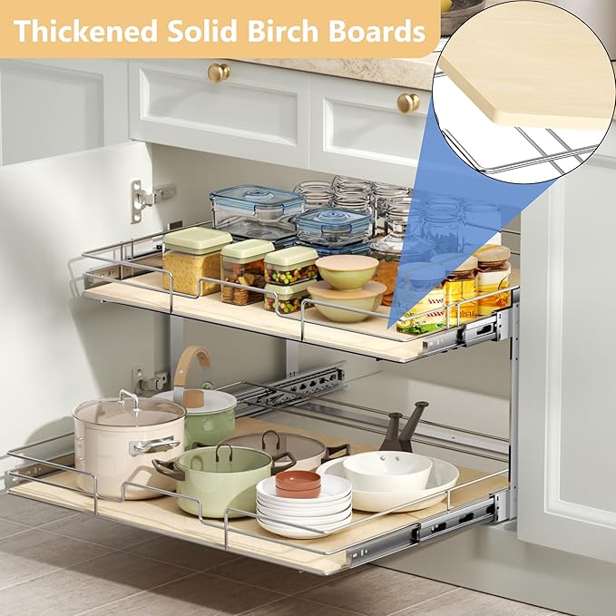 ROOMTEC 2 Tier Individual Pull Out Cabinet Organizer 19쩍"W x 21쩍"D, Slide Out Wood Shelves Organizers, Pull Out Drawers Organization and Storage for Kitchen Cabinet