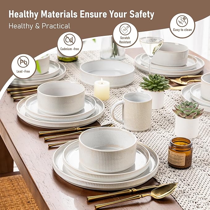GBHOME Stoneware Dinnerware Sets for 6,Round Reactive Glaze Ceramic Plates and Bowls Set,Highly Scratch Resistant | Dishwasher & Microwave Safe Dishes Set,Service for 6(18Pcs),Sugar White