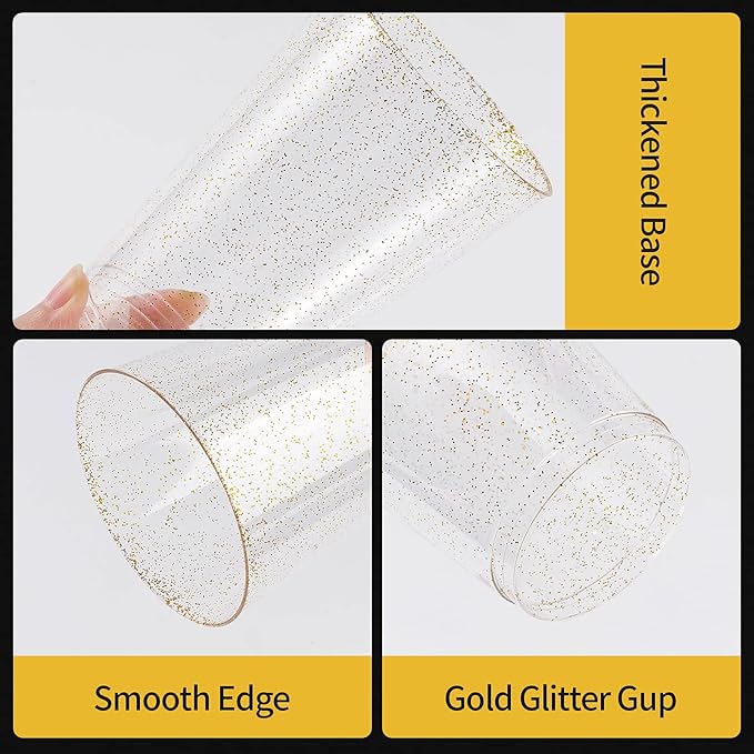 Goodluck 12 oz 50 PCS Gold Glitter Plastic Cups, Disposable Glitter Cups, Elegant Plastic Cocktail Glasses, Fancy Party Cups for Wedding, Birthday, Holiday