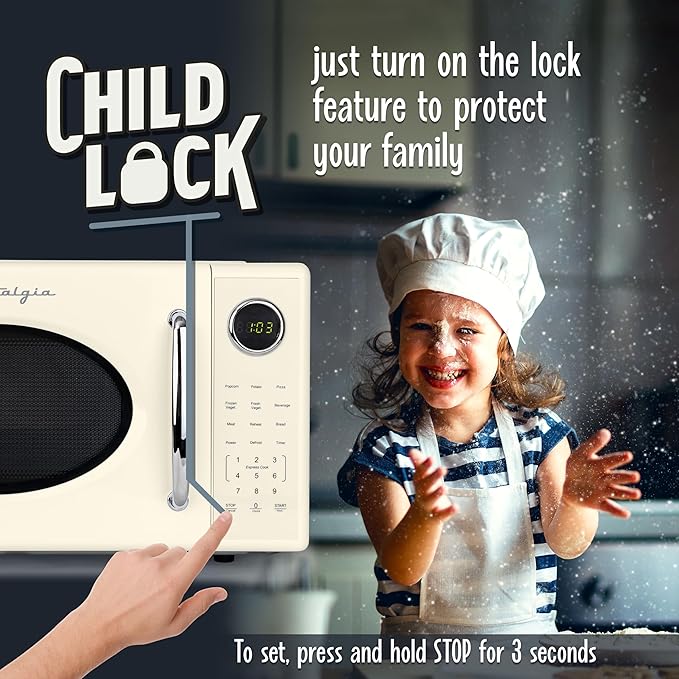 Nostalgia Retro 1000W Microwave Oven 1.1 Cu Ft Capacity ??Child Safety Lock, 8 Auto-Cook Settings ??Countertop Kitchen Appliance ??Ivory
