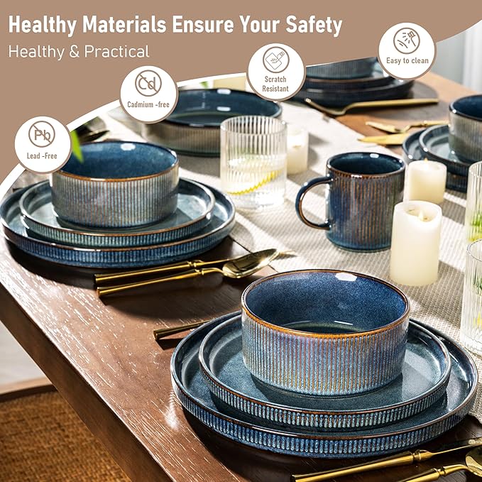 GBHOME Stoneware Dinnerware Sets for 8,Round Reactive Glaze Ceramic Plates and Bowls Set,Highly Scratch Resistant| Dishwasher & Microwave Safe Dishes Set,Service for 8(24Pcs),Ceylon Blue