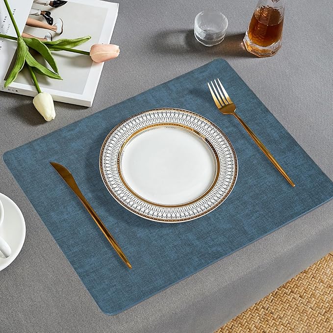 Boobezeen Faux Leather Placemats Set of 6, Heat Resistant Wipeable Washable Vinyl Place Mats, Waterproof Anti-Slip Dining Table Mats, Suitable for Indoor & Outdoor Use (Navy Blue)