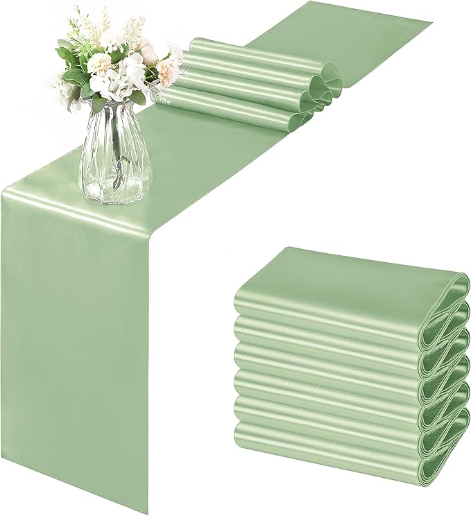 Horbaunal 6 Pack Satin Runners 12 x 108 Inch Bright Silky Smooth Satin Table Runners for Birthday Wedding Party Banquets, Sage Green