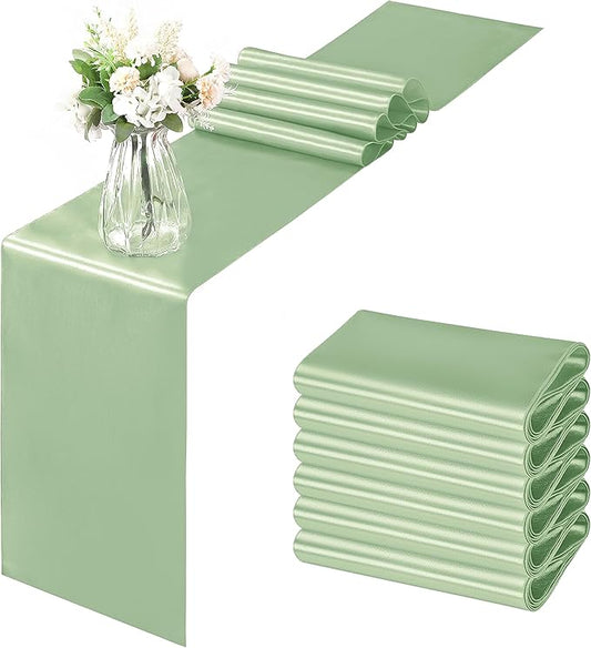 Horbaunal 6 Pack Satin Runners 12 x 108 Inch Bright Silky Smooth Satin Table Runners for Birthday Wedding Party Banquets, Sage Green