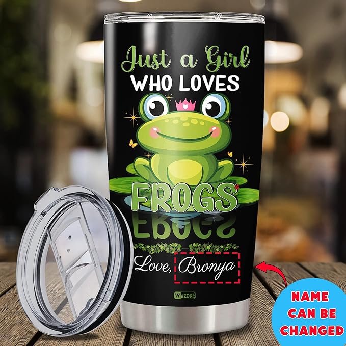WAZONE Personalized Frogs Tumbler With Lid Custom Name Just A Girl Who Loves Frog Stainless Steel Vacuum Insulated 20oz 30oz Travel Mug Novelty Cup Gifts Birthday Christmas For Women Girls