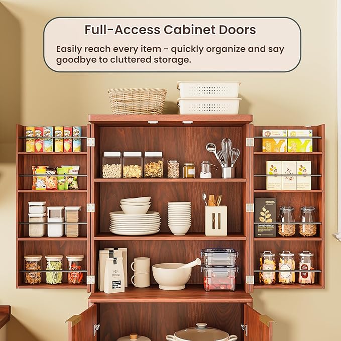 KEIKI 72" Tall Kitchen Pantry Wood Storage Cabinet with 6 Door Shelves Organizer Modern Fluted Cupboard for Kitchen