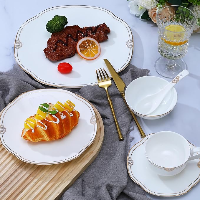 24 Piece White Porcelain Dinnerware,Bone china Set for 4,Plates and Bowls Sets With Double Gold Rim, Highly Chip and Crack Resistant | Dishwasher Safe Dishes Set (White & Double Gold Rim)