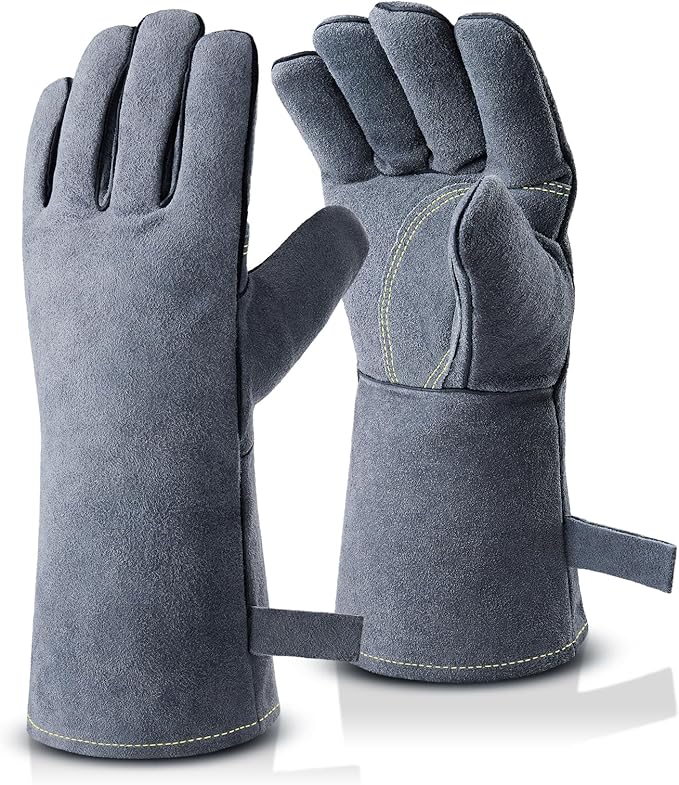 OZERO 932째F Heat Resistant Forge Welding Gloves 14 inches Cowhide Leather - Long Sleeve and Insulated Lining Grill Glove for Tig Welder/Mig/Barbecue/Stove Gray