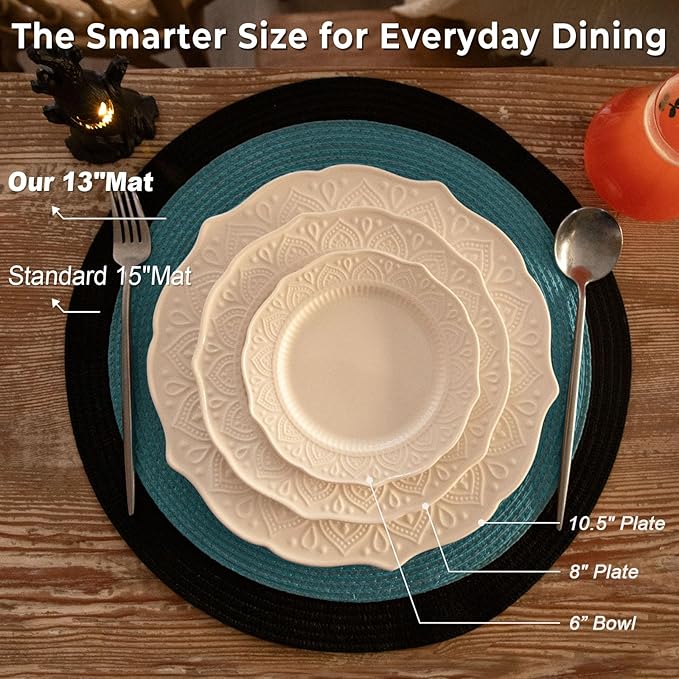 FunWheat Round Braided Placemats Set of 8 Place Mats for Dining Tables Woven Washable Non-Slip Table mats Small 13 inch(S Teal, 8pcs)