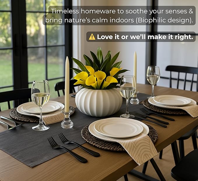 Pots & Patterns White Porcelain Dinner Plates Set for 4 ??12-Piece Chip-Resistant Plates and Bowls with Natural Waves Design ??Microwave, Oven, Dishwasher Safe Scratch-Resistant China Dinnerware