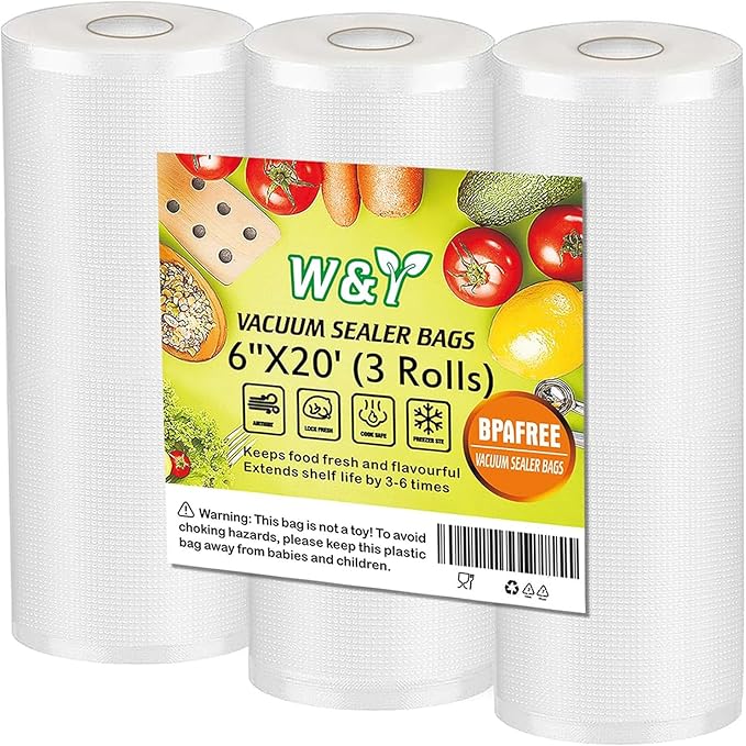 W&Y Vacuum Sealer Rolls 6??x 20?? 3 Rolls BPA-Free Commercial Grade Embossed Bags for Freezer Storage, Sous Vide, and Food Packing