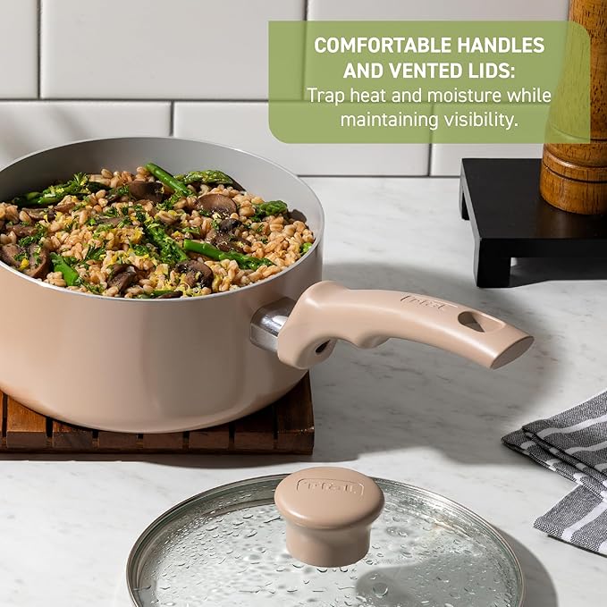 T-Fal Refresh Ceramic Nonstick Cookware Set, 20-Piece, Oven Safe to 350째F, Stockpot, Ceramic Pots and Pans Set, Frying Pans, Griddle, Utensils, Mint Green