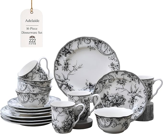 222 Fifth Adelaide 16-Piece Black Porcelain Dinnerware Set ??Service for 4, Featuring Hand-Applied Romantic Woodland Bird Design, for Everyday Dining & Entertainment, Microwave & Dishwasher Safe