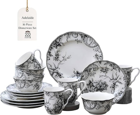 222 Fifth Adelaide 16-Piece Black Porcelain Dinnerware Set ??Service for 4, Featuring Hand-Applied Romantic Woodland Bird Design, for Everyday Dining & Entertainment, Microwave & Dishwasher Safe