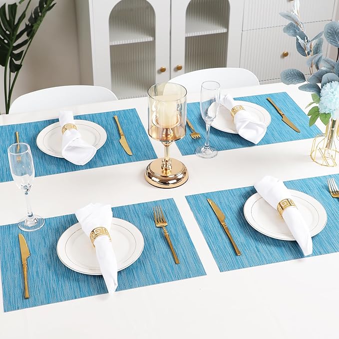 Blue Placemats Set of 6 Washable Place Mats PVC Vinyl Woven Table Mats for Dining Table Durable Heat Resistant Non-Slip Size 12 x 17 Inch