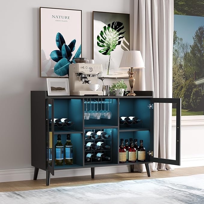 Wine Bar Cabinet with LED Lights, 47 Inch Freestanding Sideboard Buffet with Wine Rack & Glass Holder, Multi-Functional Storage Cabinet for Dining Room Living Room Kitchen, Black