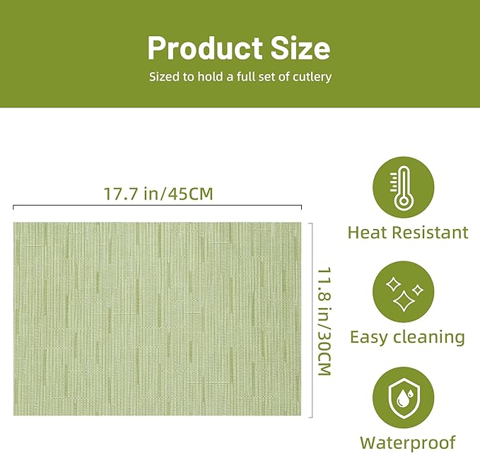 Green Placemats Set of 6 Washable Place Mats PVC Vinyl Woven Table Mats for Dining Table Durable Heat Resistant Non-Slip Size 12 x 17 Inch