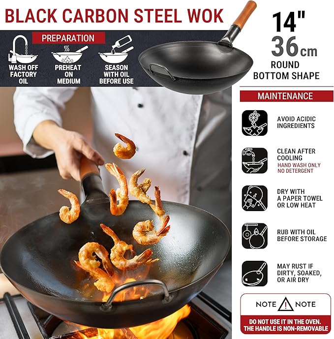 YOSUKATA 14" Carbon Steel Wok with Round Bottom ??Pre-Seasoned Pow Wok for Stir Fry ??Traditional Chinese Japanese Black Steel Pan ??Outdoor Cookware for Gas Stovetops, Open Fire, BBQ, Camping
