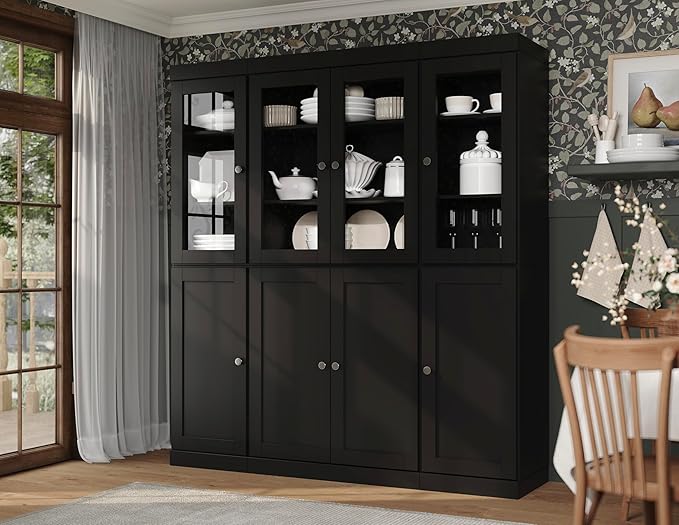 Palace Imports 100% Solid Wood Kitchen China Pantry Cabinet, 65" W - 4 Clear Glass & 4 Shaker Doors, Renewable Eco-Friendly Wood, Made in Brazil (Black, 8 China/Shaker Doors | NO Drawers)