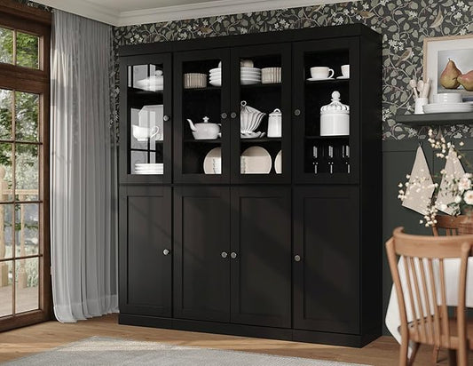 Palace Imports 100% Solid Wood Kitchen China Pantry Cabinet, 65" W - 4 Clear Glass & 4 Shaker Doors, Renewable Eco-Friendly Wood, Made in Brazil (Black, 8 China/Shaker Doors | NO Drawers)